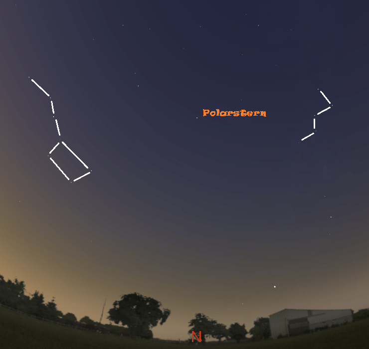 Polarstern, großer Wagen und Kassiopeia am Nordhimmel (gültig am 1. um 20:45 Uhr, am 15. um 19:45 Uhr und am 30. um 18:45 Uhr)