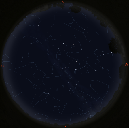 Sternbilder am Nachthimmel (gültig am 1. um 21 Uhr, am 15. um 20 Uhr und am 30. um 18 Uhr)