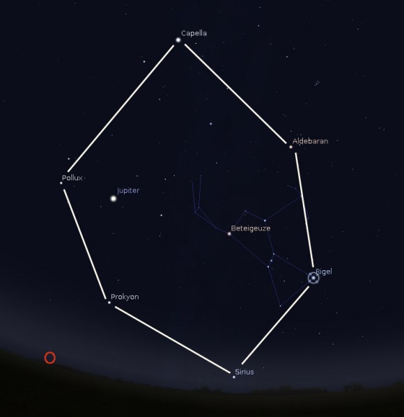 Wintersechseck mit Orion am Osthimmel am 1.1. gegen 20 Uhr