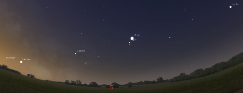 Planetenreihe mit Mond am 1.2. gegen 7 Uhr