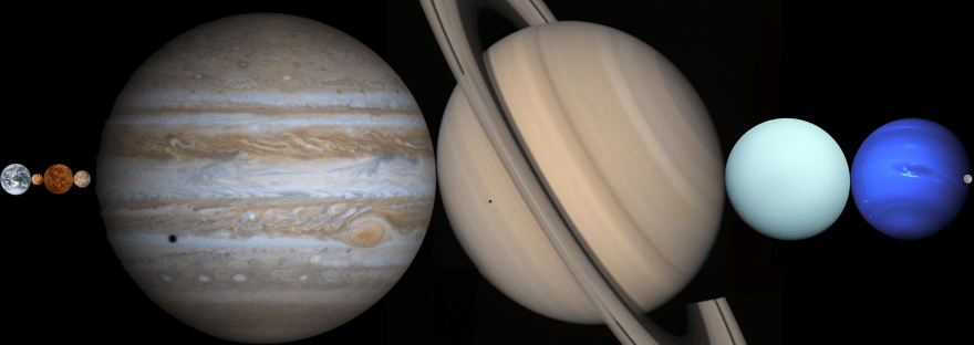 Planeten des Sonnensystems aneinandergereiht zwischen Erde und Mond