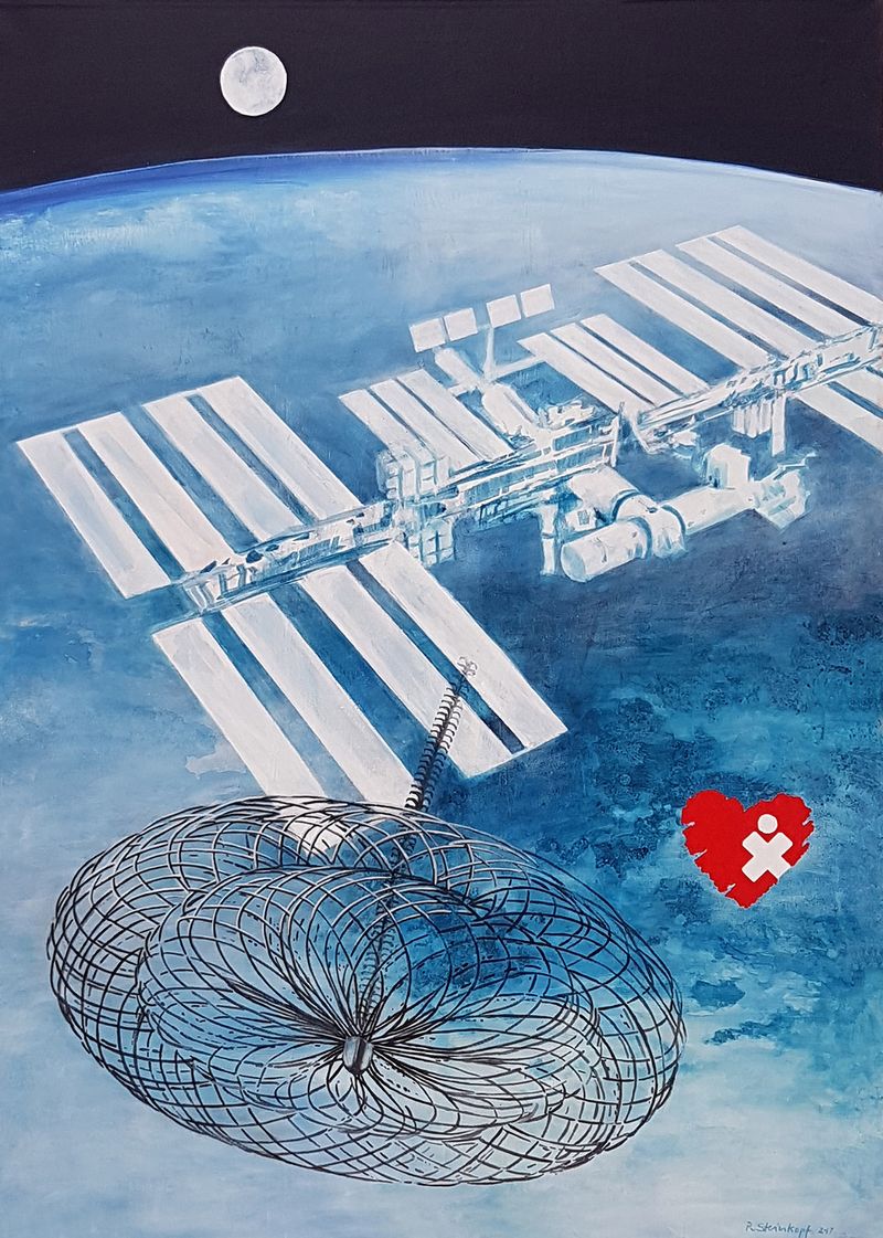 gemaltes Bild: ISS über der Erde, im Hintergrund der Mond. Davor in Groß das Schirmchen