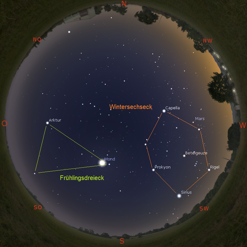 Wintersechseck und Frühlingsdreieck am 15.4. gegen 21 Uhr