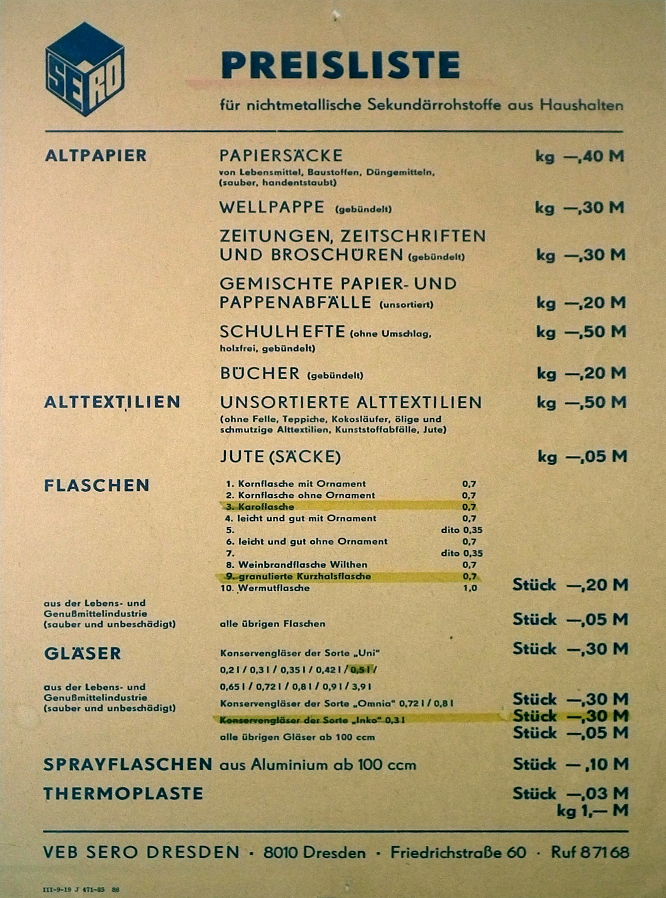 SERO Preisliste für Sekundärrohstoffe in der DDR