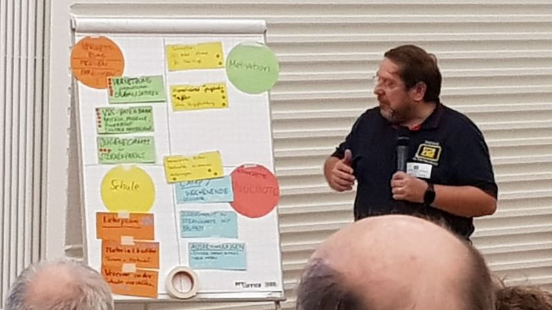 Rolando Doelling mit dem Whiteboard der Punkte der verschiedenen Gruppen