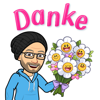 Zeichnung: ich mit Blumenstrauß und Schriftzug "Danke!"