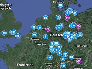 GoogleMaps Screenshot des Bereiches Frankreich und Deutschland mit Markierungspunkten als Symbolbild