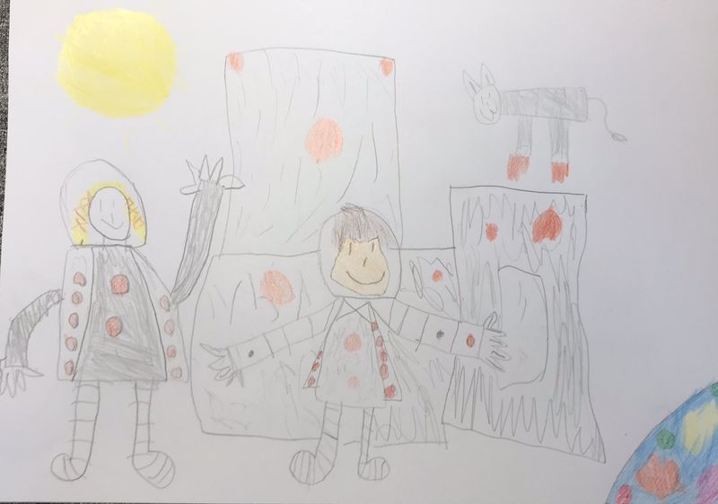 Kinderzeichnung: Der kleine Major Tom, Stella, Plutinchen mit Raumstation, Sonne und Erde