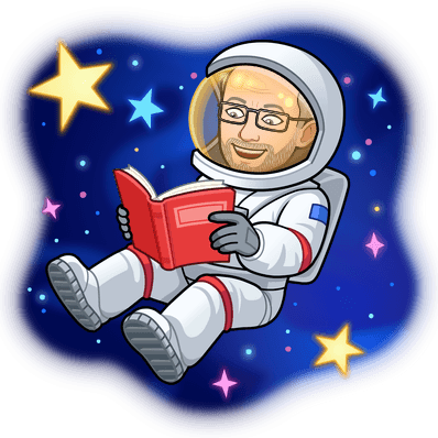 Bitmoji mit mir im Astronautenanzug, im All schwebend und ein Buch lesend