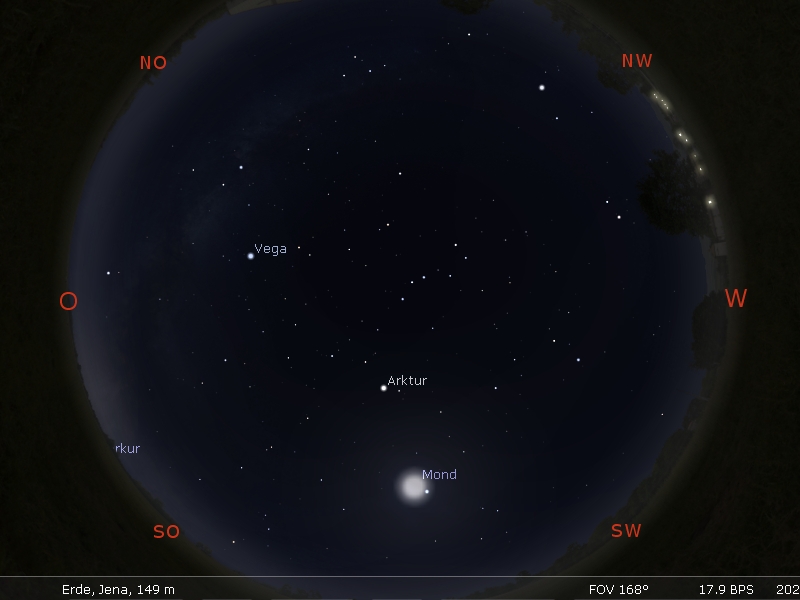 Stellarium Abbildung vom 15.1.2023 um 6:30 Uhr mit Mond und Arktur im Süden und Vega im Osten