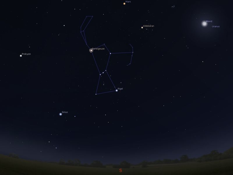 Abbildung aus Stellarium mit Darstellung des Sternbildes Orion