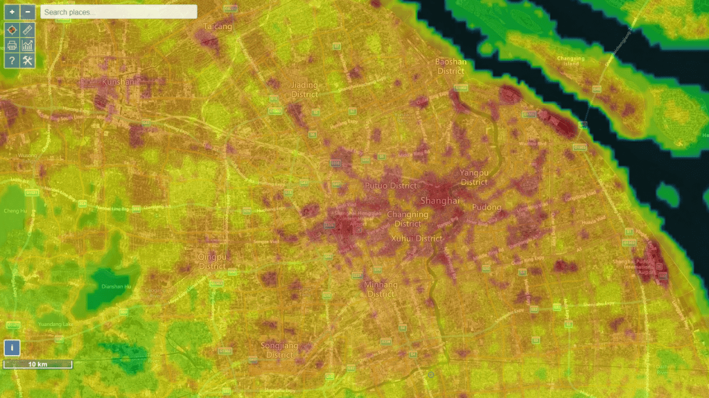 Grafische Darstellung der Lichtverschmutzung in Shanghai.
Shanghai fast vollständig gelb mit größeren roten (stark beleuchtet) und nur wenigen grünliche Flächen dargestellt.