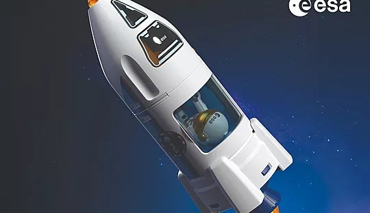 Playmobil Mars-Forschungsrakete aus der ESA-Kooperation: Weiße modulare Rakete mit transparenter Kabine, darin ein goldener ESA-Astronaut, gelbe Triebwerke und schwarze Details; dunkler Weltraumhintergrund mit ESA-Logo oben rechts.