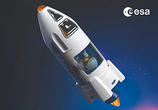 Playmobil Mars-Forschungsrakete aus der ESA-Kooperation: Weiße modulare Rakete mit transparenter Kabine, darin ein goldener ESA-Astronaut, gelbe Triebwerke und schwarze Details; dunkler Weltraumhintergrund mit ESA-Logo oben rechts.