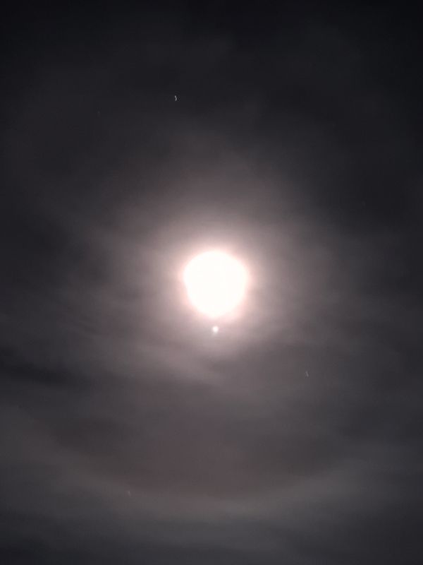 überbelichteter Mond am diesigen Himmel mit hellem Kreis um ihn herum