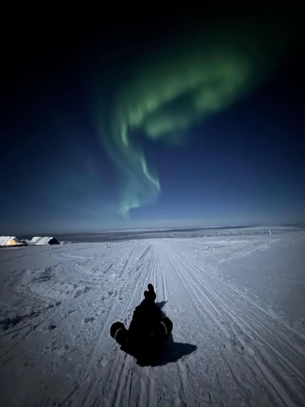 bogenförmiges grünes Polarlicht das ich im Schnee liegend beobachte