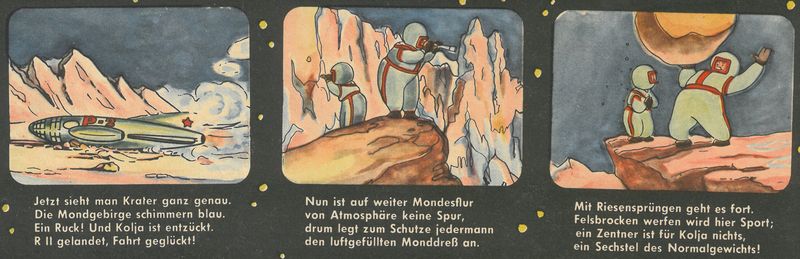 Dreiteilige Bildseite aus der Mondgeschichte: Eine Mondlandung, Kolja und sein Onkel schauen vom Felsen und werfen mit großen Steinen; darunter die Texte